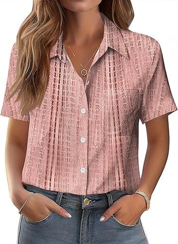 Women Fashion Florals Blouses Short Sleeve Button Down Shirts Collared V Neck Tops