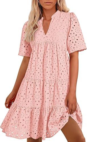 Women's Boho Summer Dresses 2026 Spring V Neck Short Sleeve Hollow Out Lace Ruffle Casual Beach Mini Vacation Dress