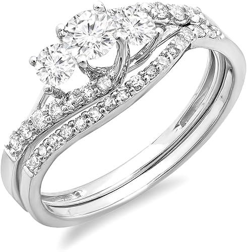 Dazzlingrock Collection 0.75 Ctw 14K Round Diamond Womens 3 Stone Bridal Engagement Ring Band Set 3/, Solid White Gold