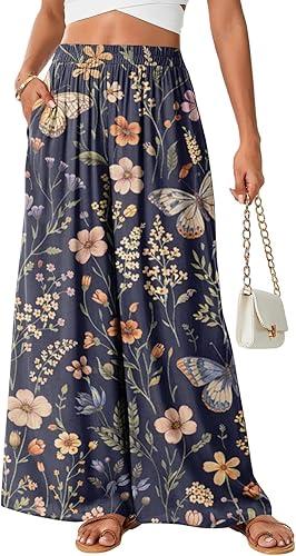 Women's Summer High Waist Palazzo Pants Loose Wide Leg Pants Boho Floral Print Flowy Trousers with Pockets