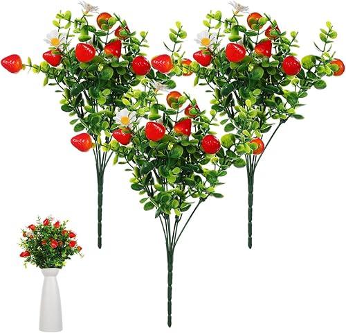 Ciieeo 3Pcs Artificial Eucalyptus Stems with Red Strawberries, 12.5'' Faux Greenery Branches for Farmhouse Kitchen Decor, Realistic Fruit Sprays for Vase, Wedding Centerpieces, Home Party Decorations