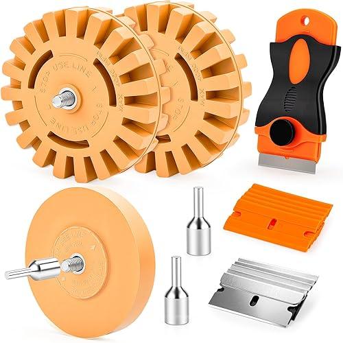 Eraser Wheel Decal Remover Tool Kit, 3 Upgraded Rubber Wheels with Razor Blade Scrapers & Drill Adapters, Removing Adhesive Stickers Vinyl Pinstripes Emblem Label Glue for Car Truck RV