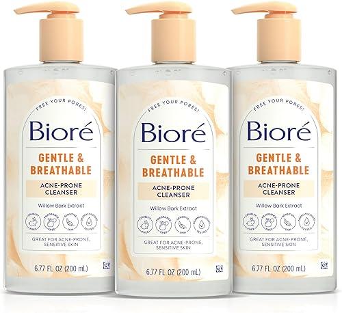 Biore Gentle & Breathable Acne Face Wash, Gentle Face Cleanser for Sensitive and Acne Prone Skin, Infused with Willow Bark Extract to Clarify Skin, Fragrance Free, 6.77 Oz , Pack of 3