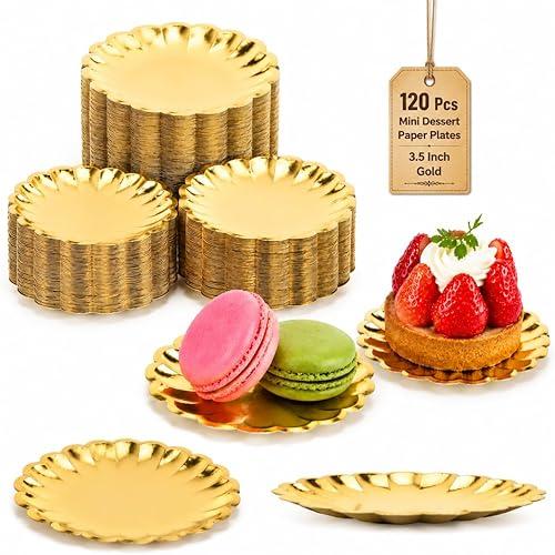 DOITOOL 120 Pcs Mini Dessert Plates 3.5 Inch Gold Paper Plates, Disposable Small Cupcake Trays with Scalloped Rim for Appetizer, Pastry Display, Wedding & Party Supplies
