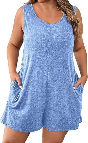 FZYLQY Womens Plus Size Jumpsuits 2026 Summer Short Overalls Casual Loose Solid Sleeveless Crewneck Rompers with Pockets