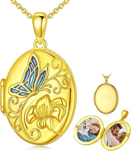 SOULMEET Gold Oval Butterfly Locket Necklace That Holds 2 Pictures, Personalized Memorial Insects Photo Flower Butterfly Oval Shaped Locket Gift for Her Mother Women