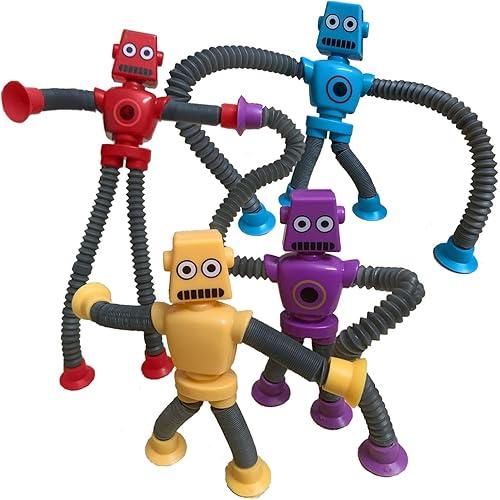 Pop Tubes Robot Toy, 4 Packs Fidget Toys Telescopic Suction Cup Sensory Toys Boys Girls Toddler Kids 3 4 5 6 7 8 Years Old Birthday Gift Stretchy Robots Party Favors Bulk