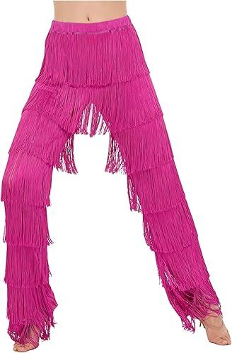 Shinsto Womens Fringe Latin Dance Pants Tango Salsa Cha Cha Pants Elastic Waist Trousers