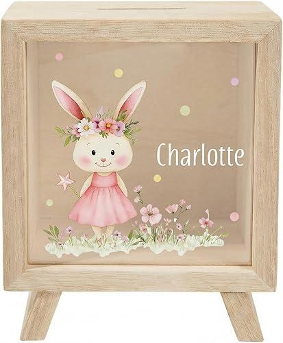 BYFDIY Personalized Floral Bunny Piggy Bank for Kids Wooden Custom Name Money Box Easter Coin Bank Birthday for Boys Girls