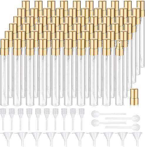 Domensi 60 Pcs 10ml Mini Perfume Bottle Fine Mist Atomizer Glass Refillable Bottles Decants Bulk for Perfumes Travel Glass Container with Atomizer Pump Kit for Toiletries Fragrance Liquid (Clear)