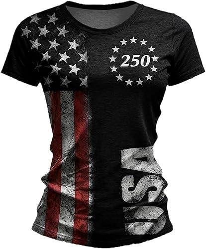 Womens 250 Anniversary America Shirts, Short Sleeve Crewneck 4Th of July T-Shirts America Flag Graphic Tops, S-3XL