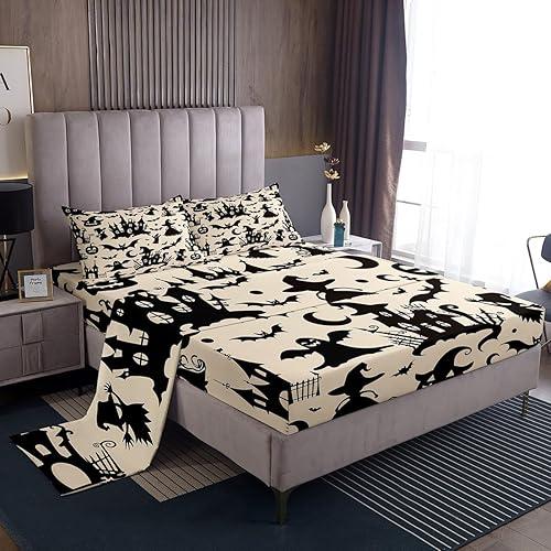 Feelyou Bat Bed Sheets Set Queen Size Boys Girls Witch Print 4 Pieces Sheet with 16 Inch Deep Pockets for Kids Ultra Soft Castle Pattern Bedding Halloween Theme Black Beige Room Decor Breathable Soft