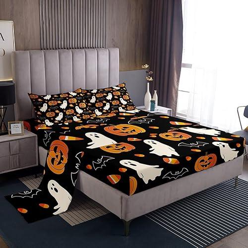 Feelyou Halloween Bed Sheets Set Full Size Pumpkins Bats Deep Pocket Fitted Sheet Cute Ghost Bedding Sets Candies Soft Bed Set 4Pcs with 2 Pillow Cases