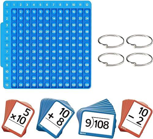 Math Flash Cards, Math Learning Set, Educational Flash Cards with Board, 332 Cards for Addition, Subtraction, Multiplication and Division, Blue Silicone, Ages 6-12, with Metal Sorting Rings