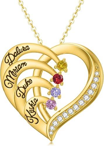 10K/14K/18K Gold Personalized Mom Necklace with 1-4 Birthstones Custom Name Heart Necklace Engraved Names for Mom Wife