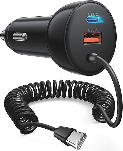 Car Charger USB C Fast Charge, 90W 3-Port Cigarette Lighter USB Charger Type C Fast Car Phone Adapter Accessories with 4FT Coiled USB C Cable for iPhone 17 16 15 Pro Max Plus, iPad, MacBook, Galaxy
