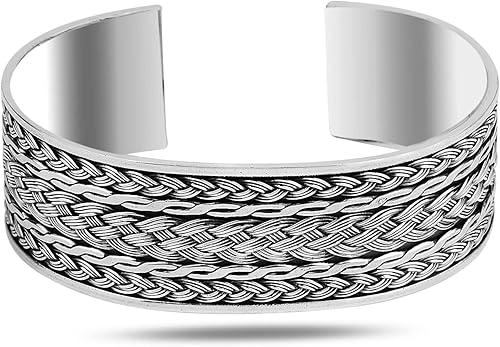 Silver Thick Cuff Bracelet, Handmade 22mm Cuff Bracelet, Unisex Adjustable Cuff Bracelet, Silver Knitting Pattern Bracelet, 925k Silver