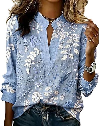 Embroidered Blouse, V-Neck Puff Sleeve Button Down Shirt, 100% Polyester, Casual Boho Style, for Spring Summer