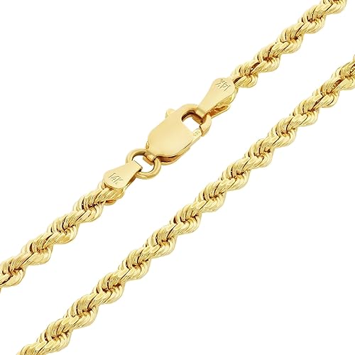 Nuragold 14k Real Yellow Gold 2.5mm Solid Rope Chain Diamond Cut Necklace (16"-30") Italian Jewelry for Men & Women