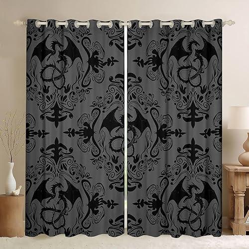 Feelyou Damask Curtains for Bedroom Living Room Black Dragon Blackout Shades Jacquard Room Darkening Curtain Vintage Damask Floral Window Treatments, 2 Panels 42 x 84 Inch Decor