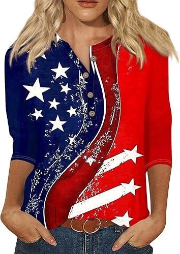Womens American Flag Tshirt 3/4 Sleeve Crew Neck American Flag Shirts 4Th of July Summer Shirts Floral Tops, S-3Xl