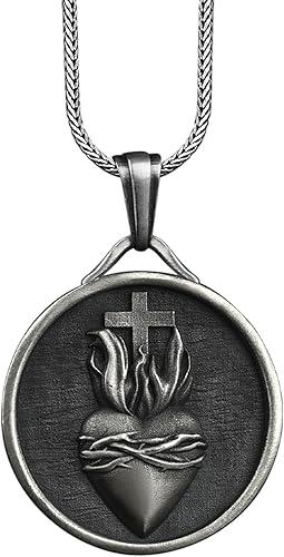 BySilverStone - Sacred Heart Necklace for Christian Men, Religious Silver Pendant Gift Jewelry