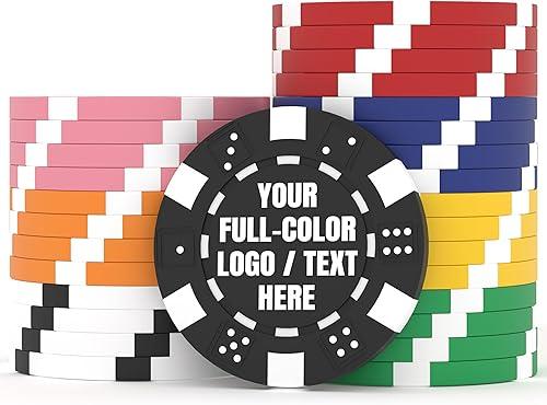 50-500 Personalized Custom Poker Chips – Full Color Printed 11.5 Gram Dice-Striped Chips with Logo or Text for Poker Nights, Bar Tokens, Giveaways, Business Promotions