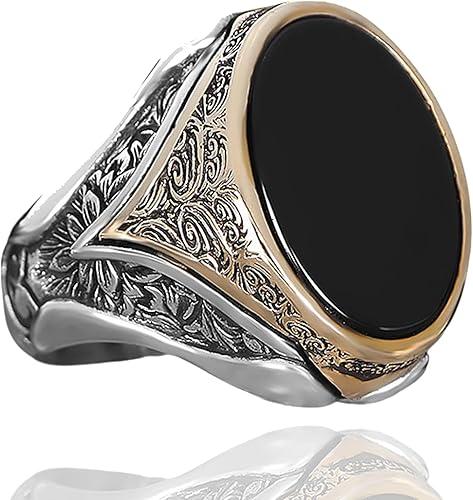 Mens Oval Black Onyx Signet Ring Premium Silver Plated Stainless Steel Vintage Engraved Statement Ring for Men