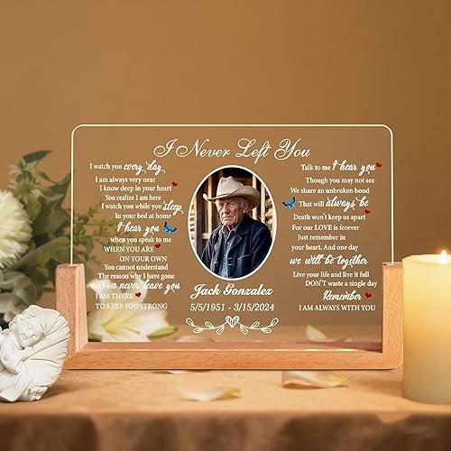 Personalized Memorial Light Plaque with Photo, Custom Sympathy Gift for Loss of Mom Dad Loved One, Bereavement Keepsake, Memorial Picture Frame with Poem Decorative Sign (I Never Left You)