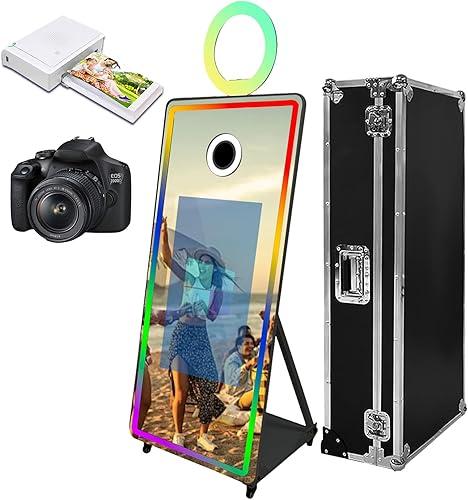 65 inch Portable Mirror Photo Booth,Magic Mirror Selfie Photobooth Stand Machine 32'' Touch Screen with Ring Light and Trolley Flight Case for Parties (Black, Machine+Camera+Mini Printer)