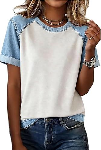 Faux Denim Shirts for Women Raglan Sleeve Denim Print Patchwork Tee Shirt Short Sleeve Crewneck Summer Casual Tops