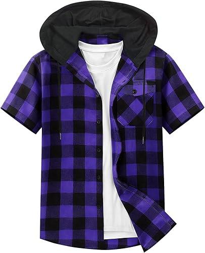Mens Plaid Button Down Flannel Shirt Short Sleeve Hooded Tops Summer Casual Hawaiian Beach Tops with Pocket