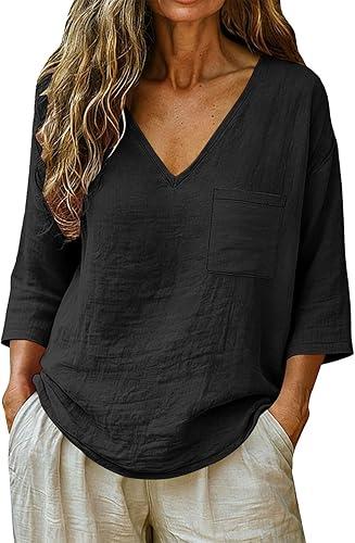 Linen Tops for Women Trendy Summer 3/4 Sleeve V Neck T Shirts Dressy Casual Linen Cotton Loose Fit Plain Boho Blouses