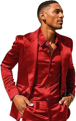 Stylish Men's Shiny Satin Suit Set 2 Piece Slim Fit Shawl Lapel Tuxedo Pants for Prom Wedding Party