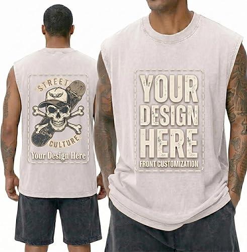 Custom Vintage Acid Wash Tank Top - Personalized Sleeveless T-Shirt with Double-Sided Print, Loose Fit Muscle Shirt