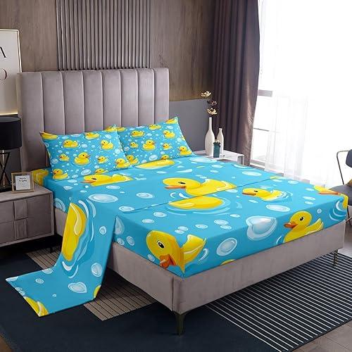 Erosebridal Kids Yellow Rubber Duck Bed Sheets Full Size Cartoon Ducks Flat Fitted Sheet Funny Animal Sheet Set Cute Pet Animal Sheets for Boys Girls