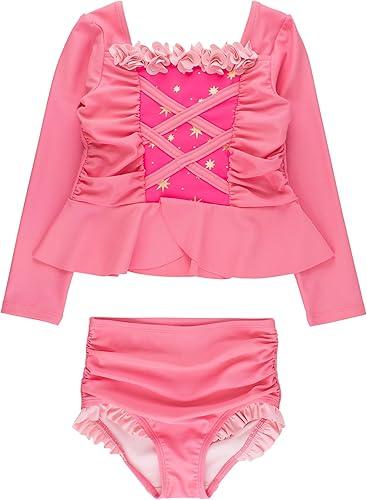RuffleButts Girls UPF50+ Princess Dress-Up Long Sleeve Rash Guard 2-Piece Swimsuit