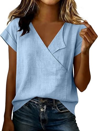 Oplxuo Women's Cotton Linen Shirts V Neck Short Sleeve Wrap Blouse Summer Casual Loose Fit Tunic Tops
