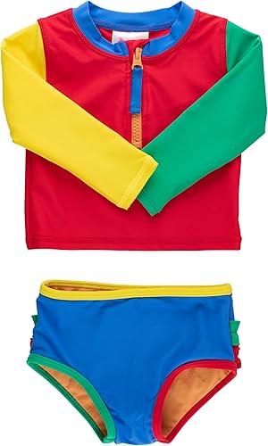 RuffleButts® Baby/Toddler Girls Long Sleeve Rash Guard 2 Piece Swimsuit Set w/UPF 50+ Sun Protection with Zipper