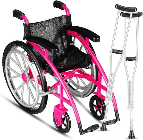NOLITOY Doll Wheelchair and Miniature Crutches Playset - Foldable Realistic Doll Furniture for 11.5 Inch Fashion - Rosy Dollhouse Accessories for Role Play & Collectible Display