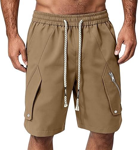 Men's Stylish Cargo Shorts Summer Beach Elastic Waist Drawstring Shorts with Zipper Pockets and Braided Strings