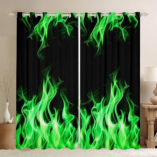 Castle Fairy Green Flame Window Curtain,Cool Style Privacy Blackout Curtain for Window Modern Chic Shade Windows Covering for Bedroom Fire Aesthetic Drapes 2 Panels,38Wx45L