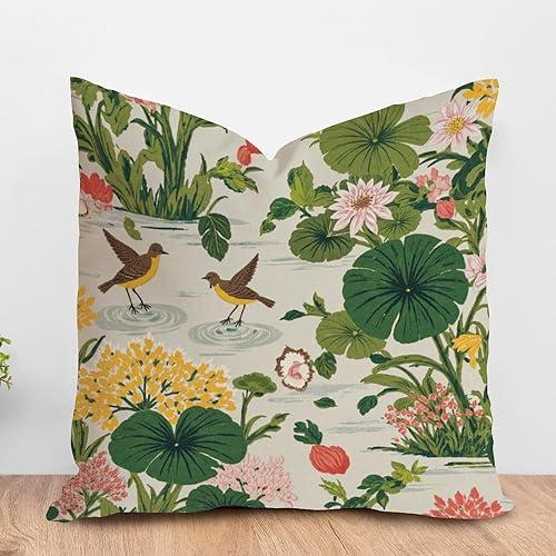 ArogGeld Lotus Flower Bird Chinoiserie Decorative Pillow Covers Oriental Floral Garden Cushion Covers Linen Pillow Cover 18x18in Pillowcase Throw Pillows for Couch Sofa Living Room Farmhouse Decor