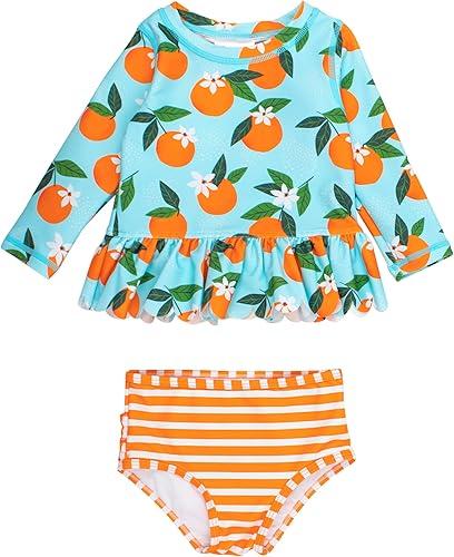 RuffleButts Baby/Toddler Girls Scalloped Long Sleeve Rash Guard 2-Piece UPF50+ Sun Protected Swimsuit
