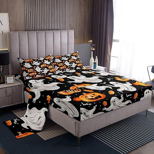 Feelyou Ghost 4 Pieces Sheet with 16 Inch Deep Pockets for Kids Boys Girls Halloween Theme Bedding Queen Size Pumpkin Lantern Bed Sheets Set Bedroom Decor Orange White