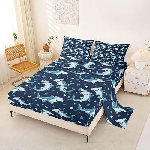 Erosebridal Hammerhead Shark Bed Sheets King Marine Life Bedding Set for Kids Teens Hammerhead Shark Lover Gifts Ocean Sealife Top Sheet Cartoon Sharks Stars Sheets 4 Pcs with 2 Pillow Cases