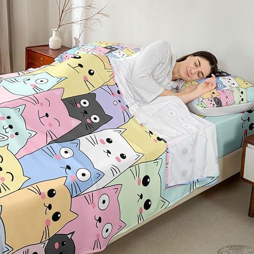 Feelyou Cat Bed Sheets Set Twin Size for Girls Kids Cute Colorful Cat Bedding Cartoon Theme Room Decor Kawaii Kitten Bed Sets 3 Piece