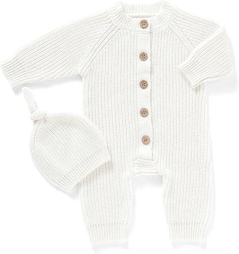 mimixiong Cotton Baby Romper Newborn Baby Knitted Clothes Longsleeve Sweater Outfit for Boy and Girls with Warm Hat Set