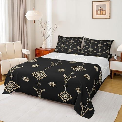 Castle Fairy Cow Skull Fitted Sheet Set Full Size 4 Pcs,Western Cowboy Black Gold Teens Bed Sheets for Bedroom Deocr,Aztec Bohemia Tribal Exotic Bedding Sets (1 Fitted,1 Flat,2 Pillowcases)