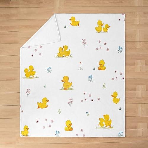 Erosebridal Cute Duck Flannel Blanket Queen Inch Cartoon Flowers Leaves Fleece Blanket Farmhouse Animals Plants Fuzzy Plush Throw Yellow White Living Room Decor
